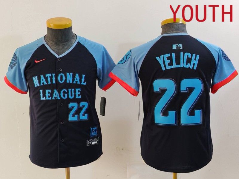 Youth Milwaukee Brewers #22 Yelich Blue All star 2024 Nike MLB Jersey style 5